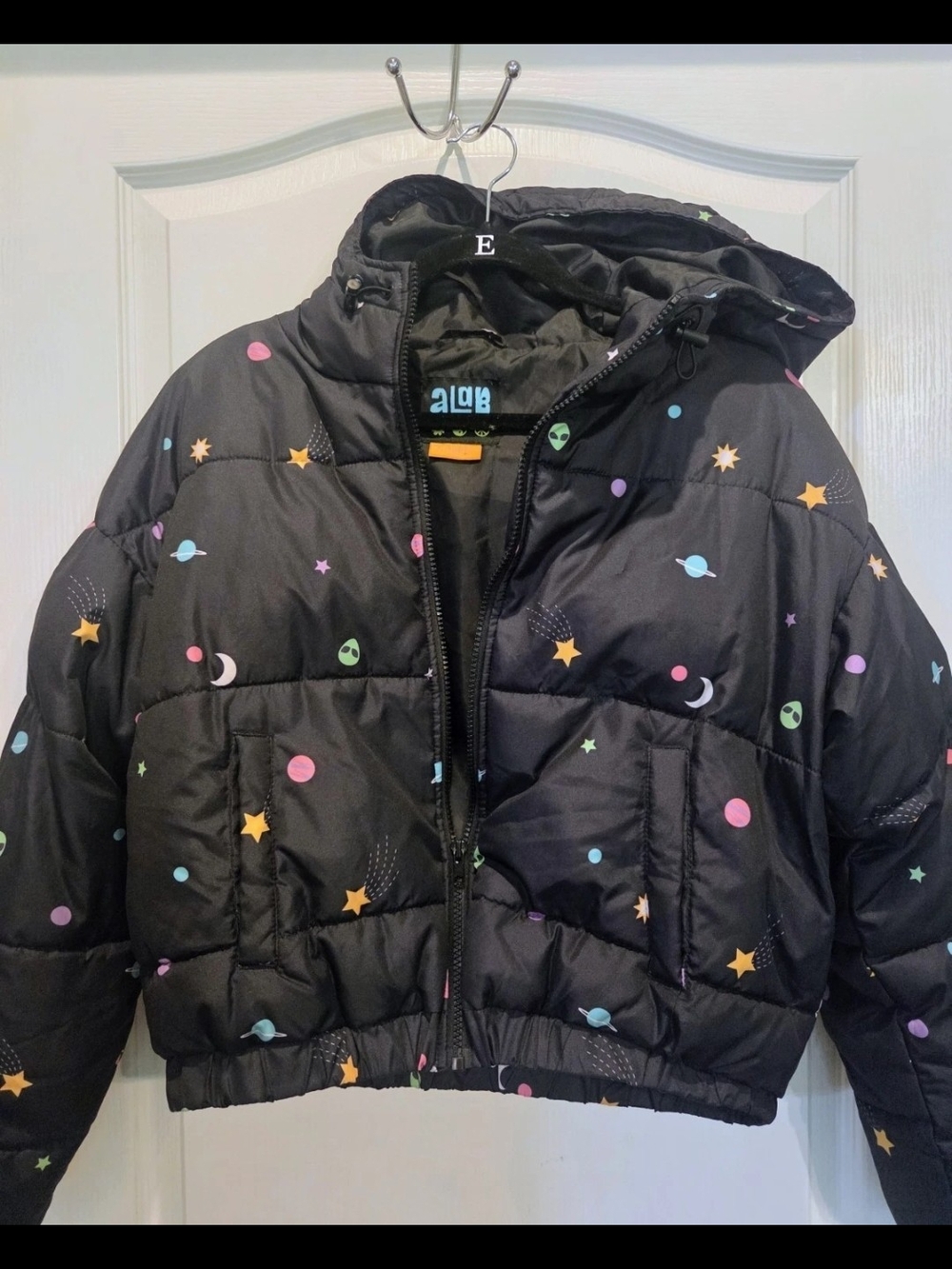 Aqua Girl Black Space-Print Cropped Puffer Jacket